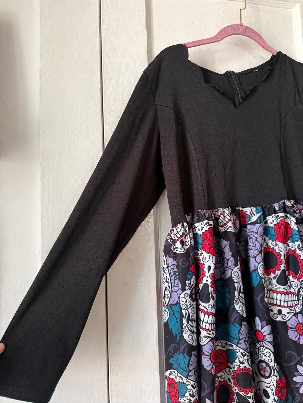 Black Long-Sleeve Dress with Colorful Sugar Skull Skirt size 2XL - Picture 4 of 9